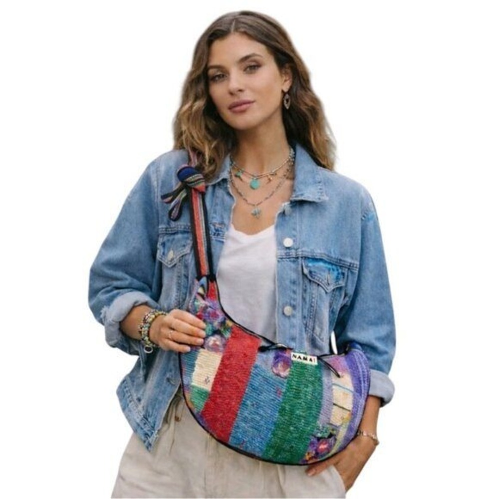 Namai Kantha Patchwork Quilted Crescent Crossbody Bag Multicolor